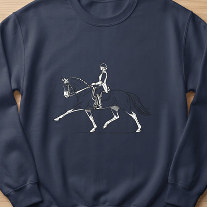 Line art of a rider on a horse performing a dressage movement.