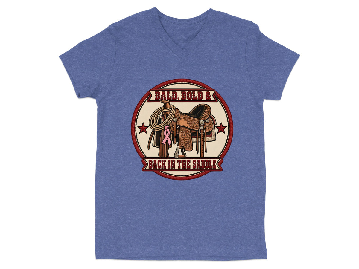 Western saddle with rope and pink ribbon, "Bald, Bold & Back in the Saddle" text.