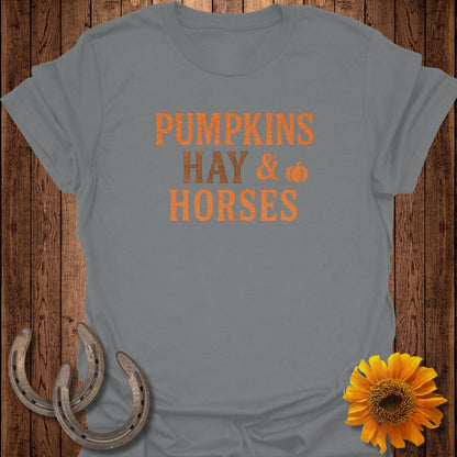 Grey t-shirt with "PUMPKINS HAY & HORSES" text, two horseshoes, and a sunflower.