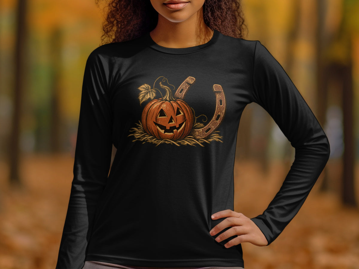 Black long-sleeve shirt with a jack-o'-lantern and a horseshoe graphic.