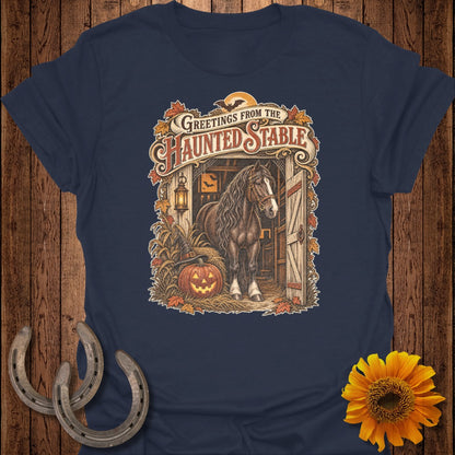 Horse in a haunted stable with pumpkin and witch hat, "Greetings from the Haunted Stable" text.