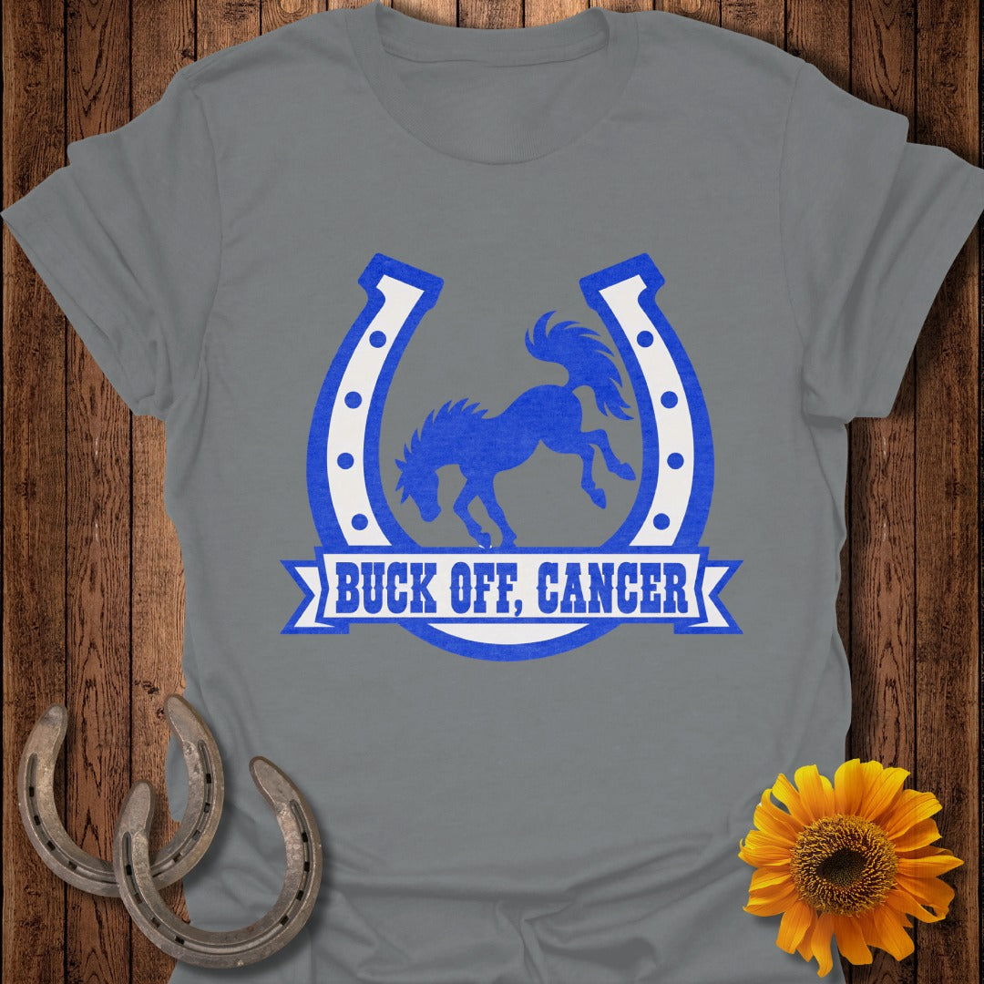 Gray t-shirt with blue horseshoe, bucking horse, and "Buck Off, Cancer" text.