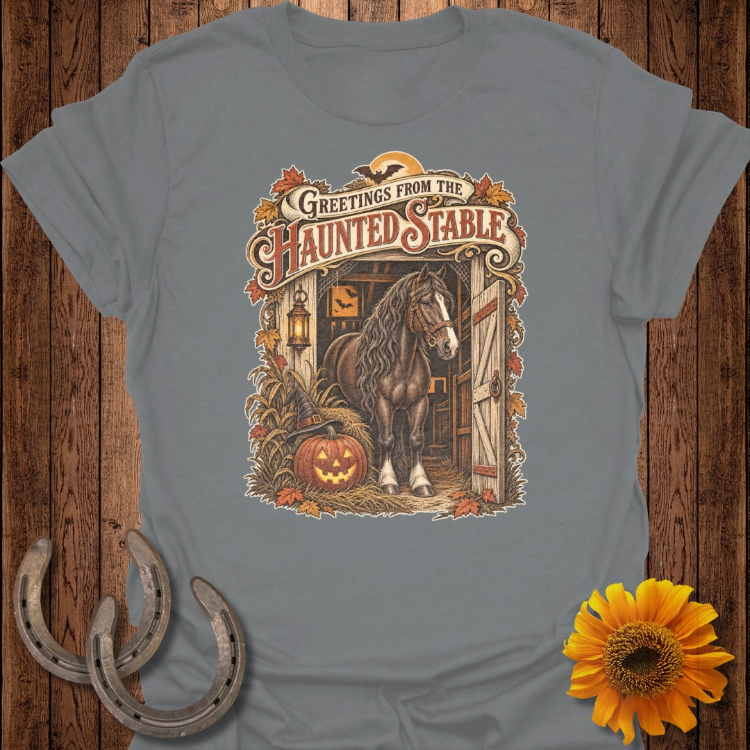 Horse in haunted stable with pumpkin, witch hat, and Halloween text.