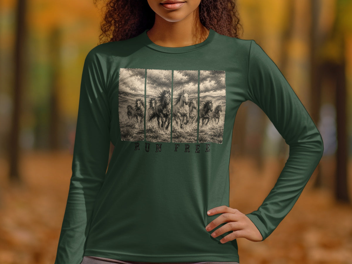 Long sleeve shirt with a vintage print of horses running and the text "Run Free".