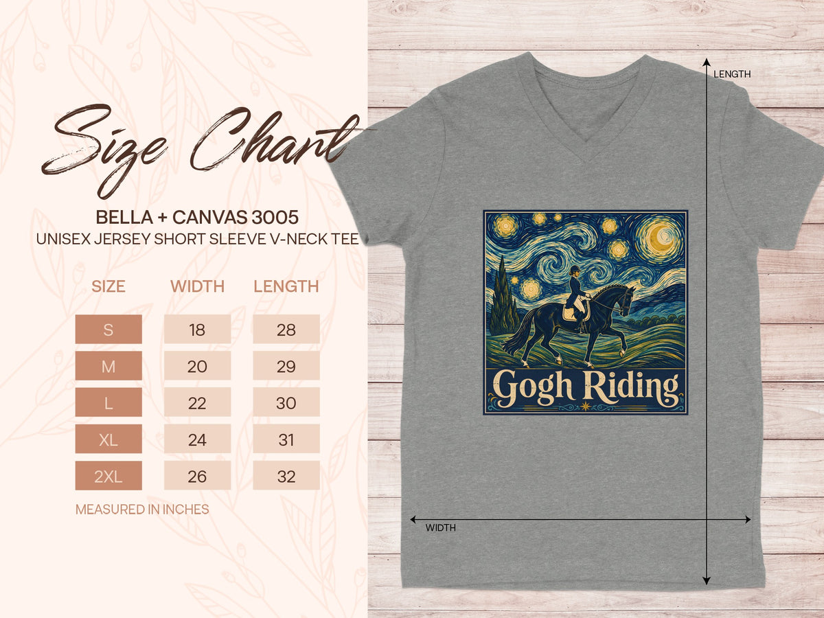 Grey Bella + Canvas 3005 unisex V-neck tee with "Gogh Riding" graphic and size chart.