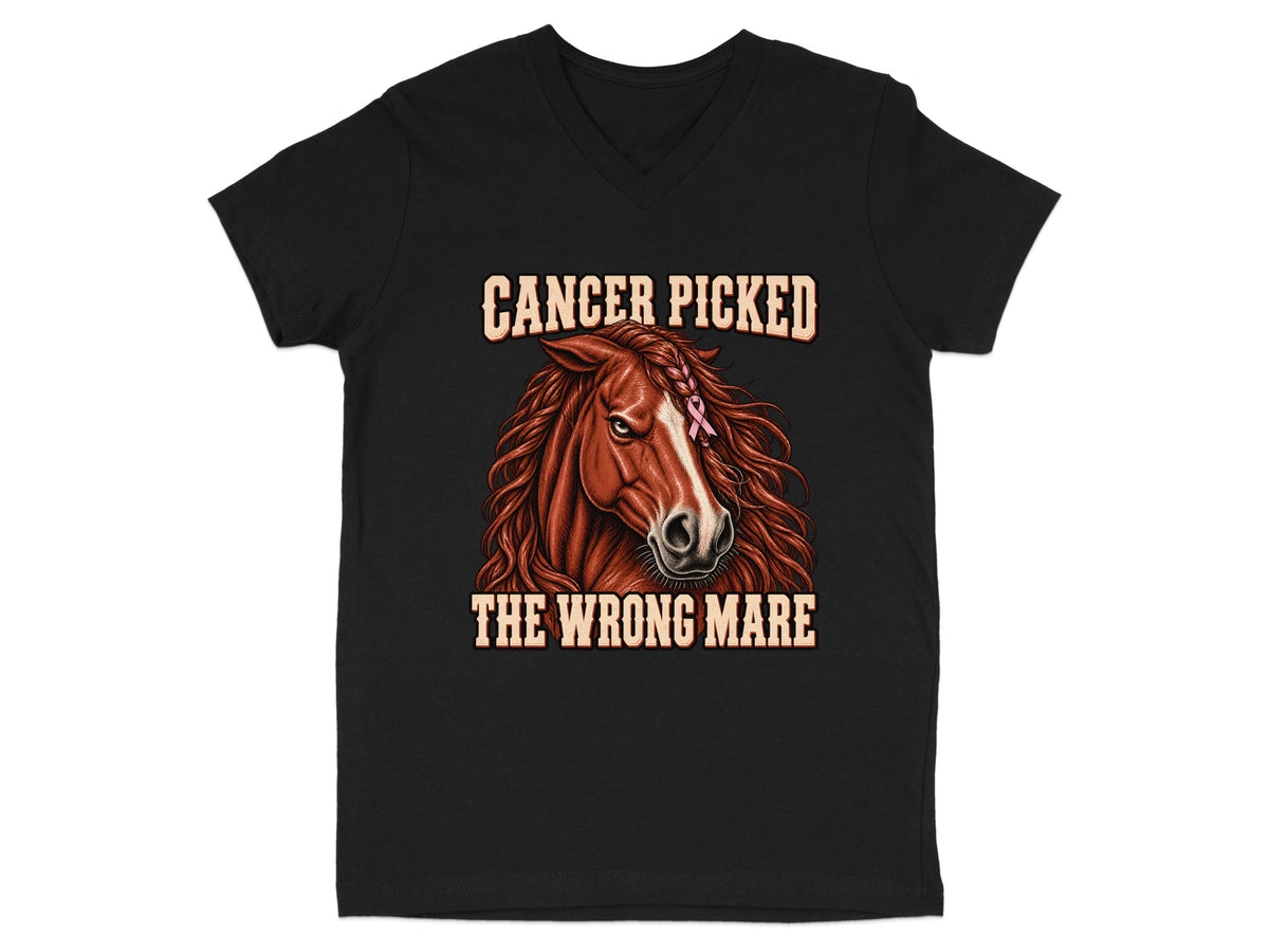 Black t-shirt with a horse and text: "CANCER PICKED THE WRONG MARE".