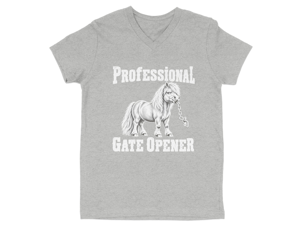 Heather gray V-neck t-shirt featuring a sketch of a pony holding a chain in its mouth, with text reading Professional Gate Opener.