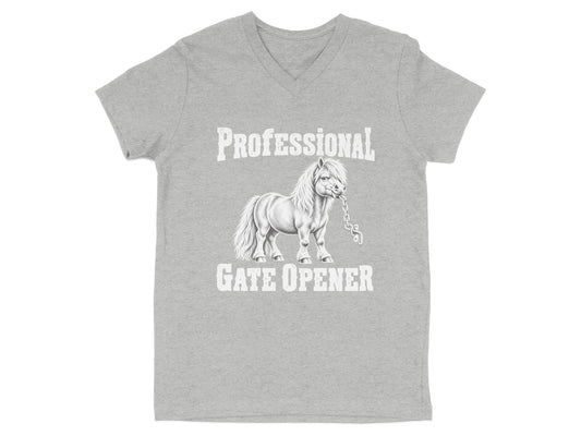Heather gray V-neck t-shirt featuring a sketch of a pony holding a chain in its mouth, with text reading Professional Gate Opener.
