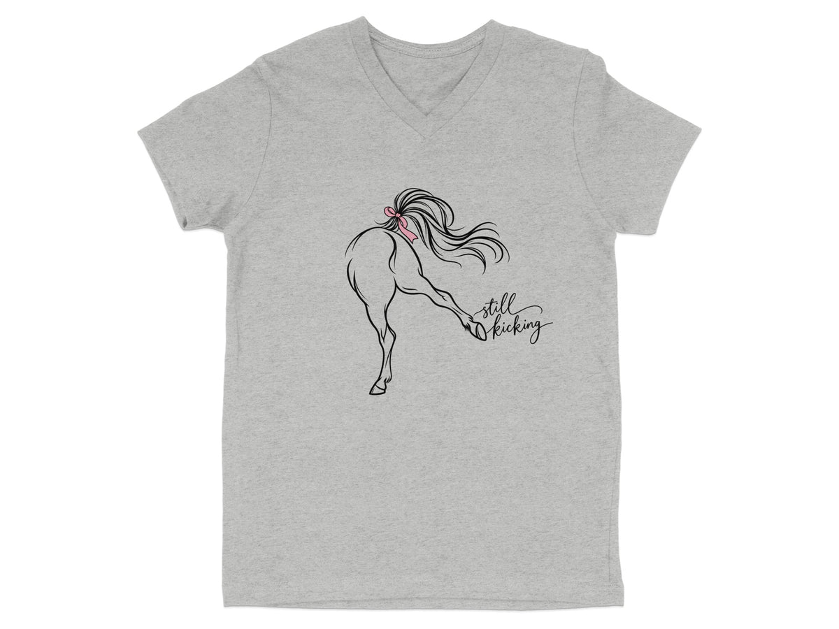 Line drawing of a horse with a pink bow and the text "still kicking".