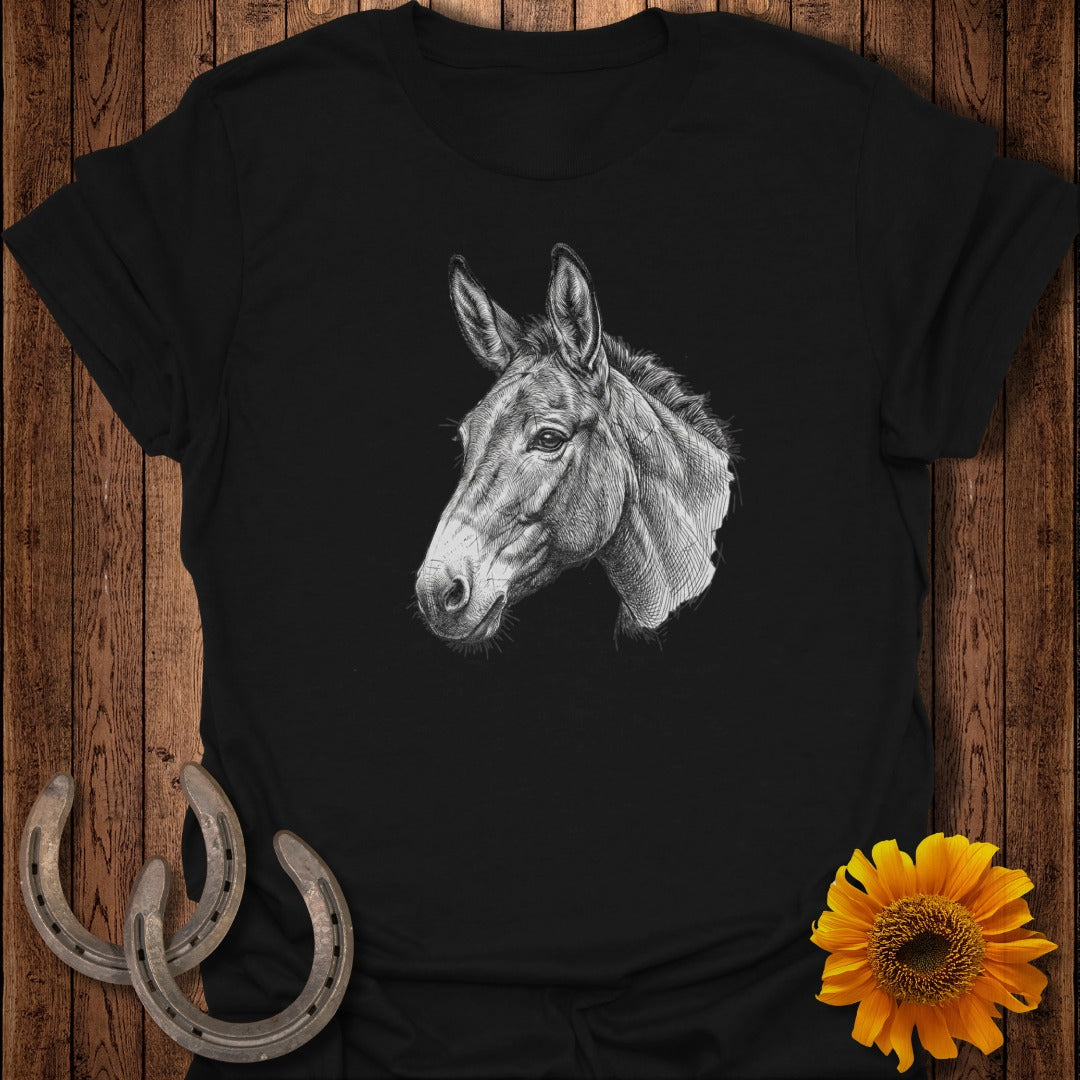 Black t-shirt with a detailed sketch of a mule's head and horseshoes.