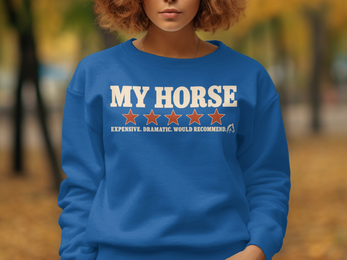 Blue sweatshirt with "MY HORSE" text, four stars, and "EXPENSIVE. DRAMATIC. WOULD RECOMMEND."