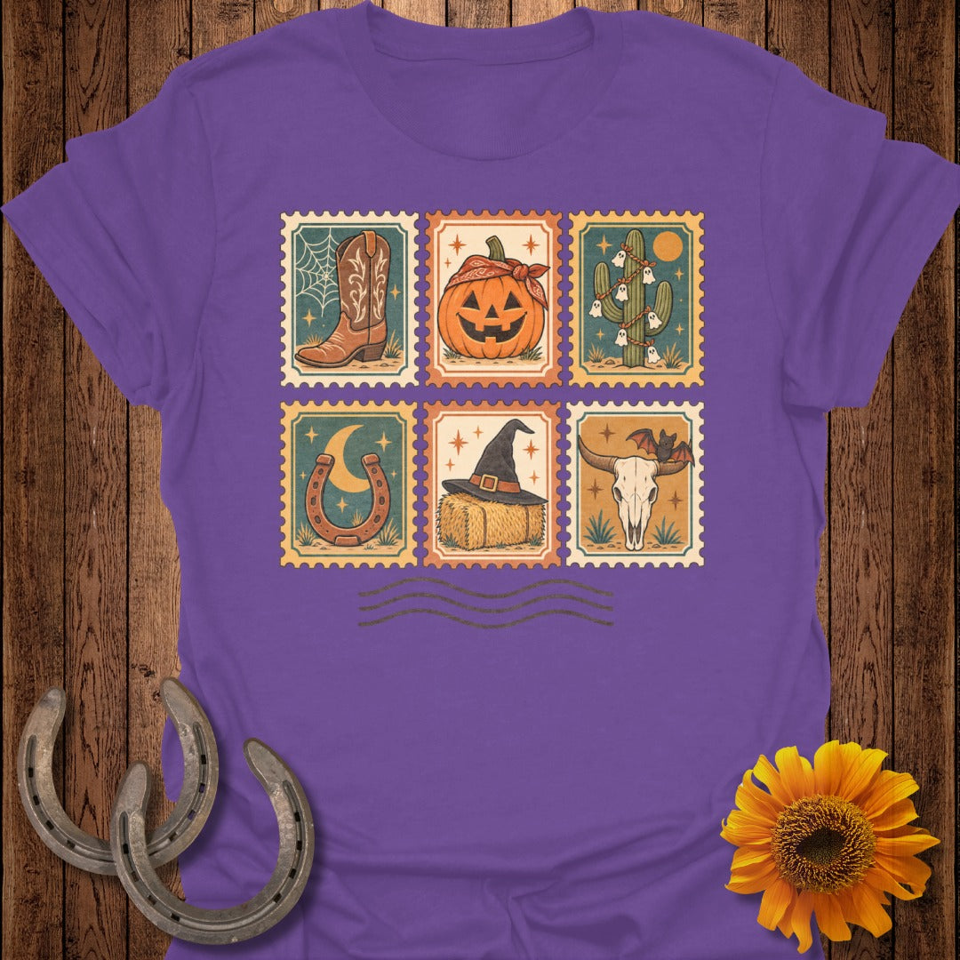 Purple t-shirt with six Halloween-themed postage stamp graphics.