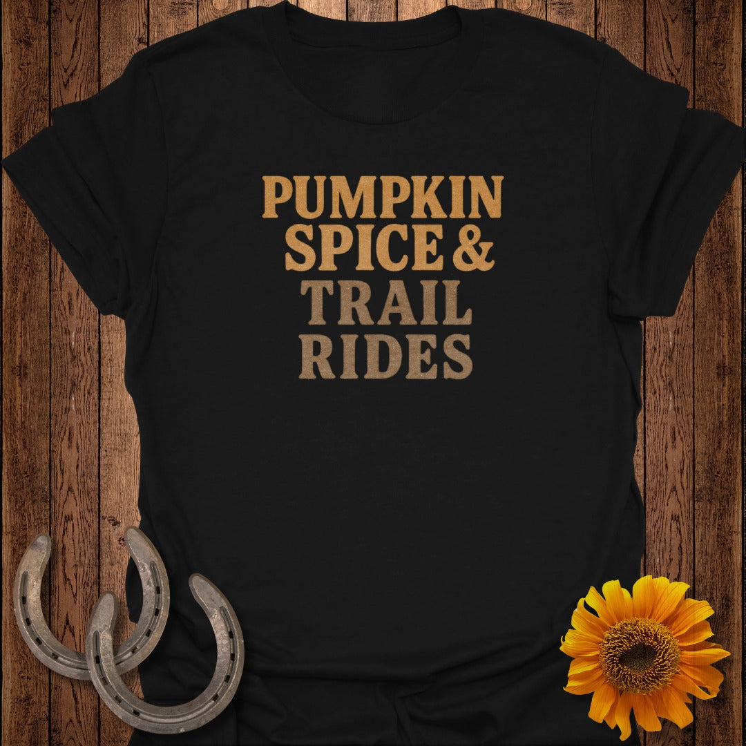 Black t-shirt with text "Pumpkin Spice & Trail Rides", horseshoes, and sunflower.