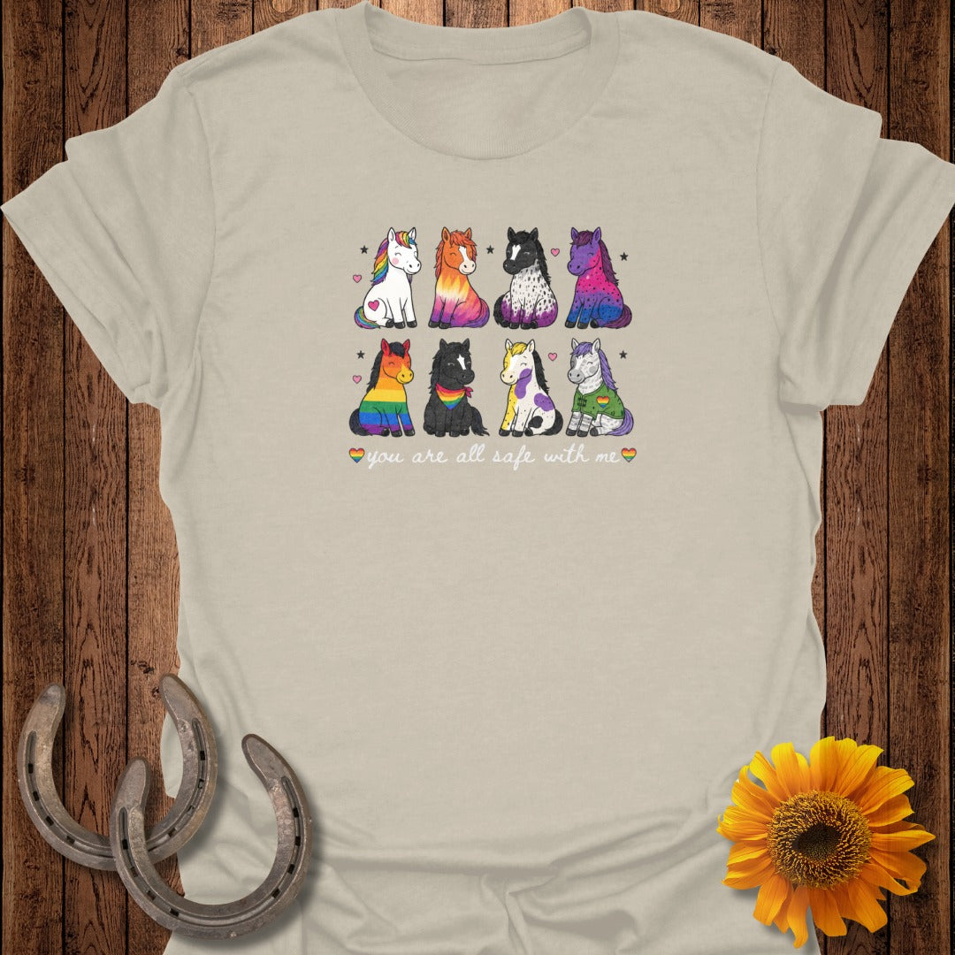 Cartoon horses in rainbow and solid colors with hearts, text "you are all safe with me".