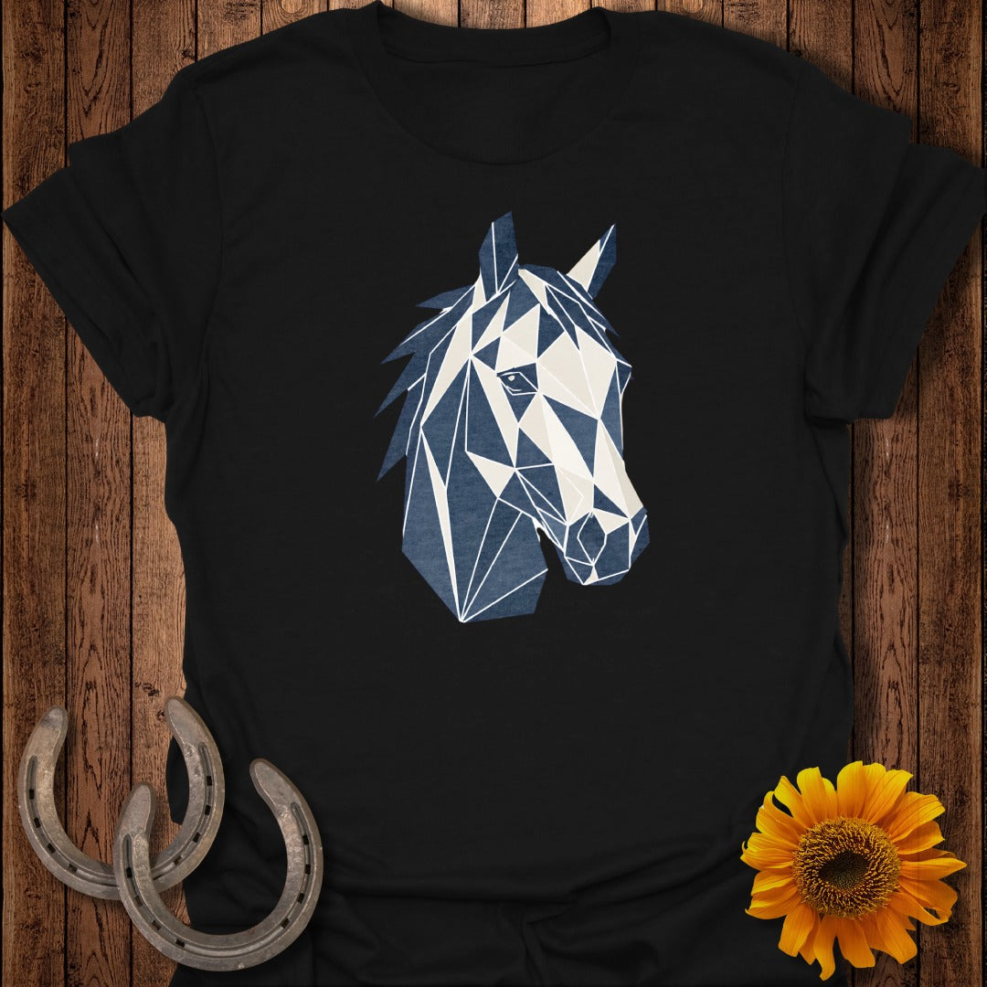 Black t-shirt with geometric blue and white horse head graphic.