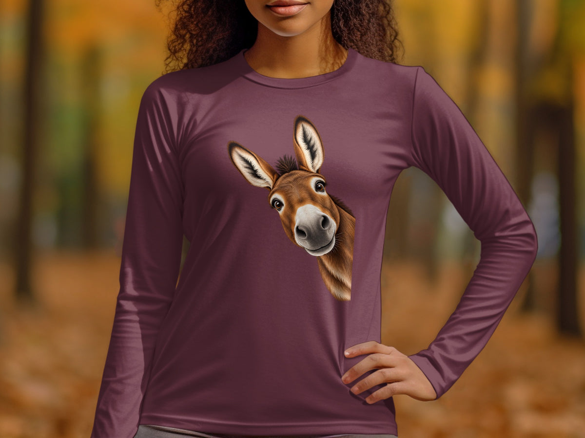 Long-sleeve maroon t-shirt with a graphic of a curious donkey peeking from the side.