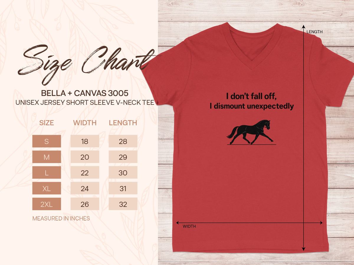 Red Bella + Canvas 3005 unisex v-neck tee size chart with horse graphic.