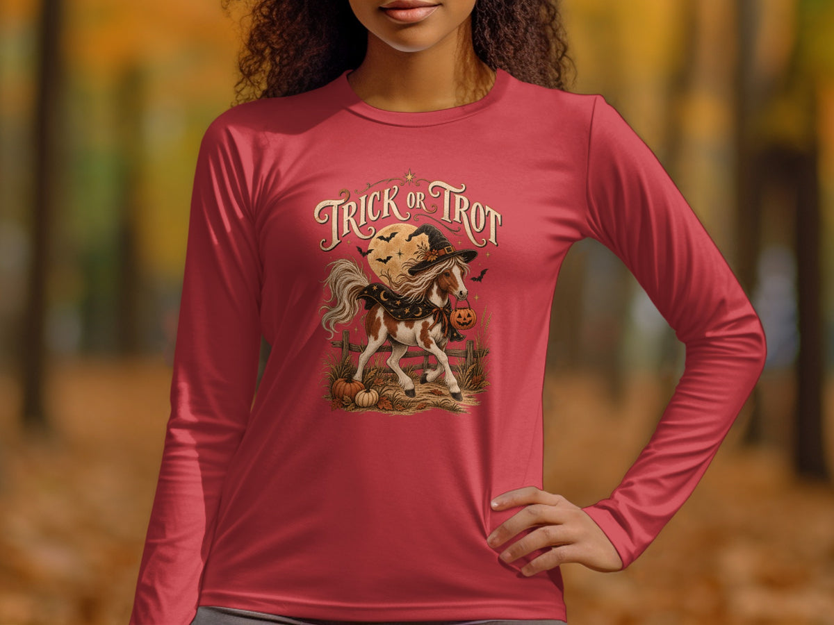 Horse with witch hat and pumpkin, "Trick or Trot" text, Halloween theme.