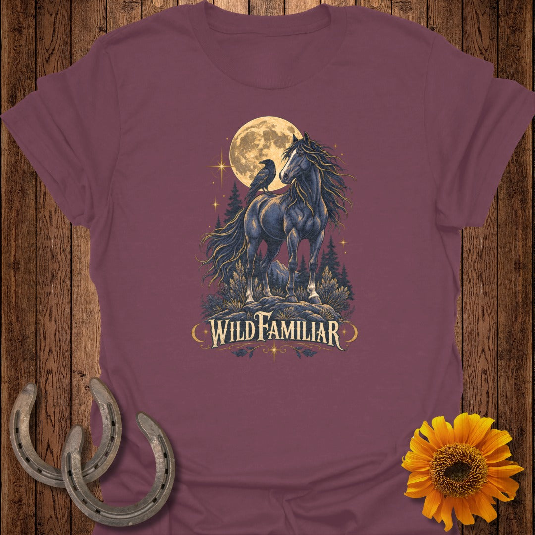 Dark horse with raven, moon, and trees; text "WILD FAMILIAR".