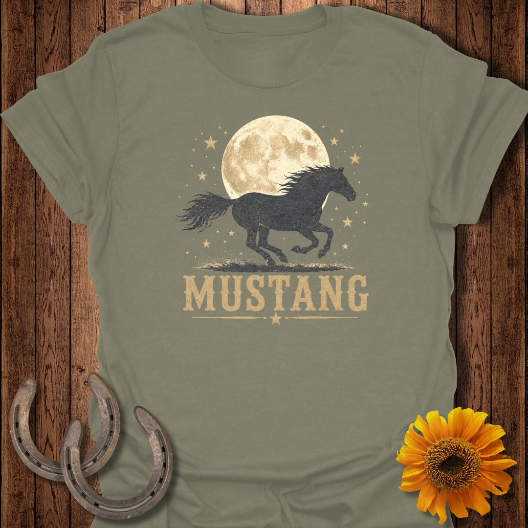Mustang graphic with a running horse beneath a full moon with stars.