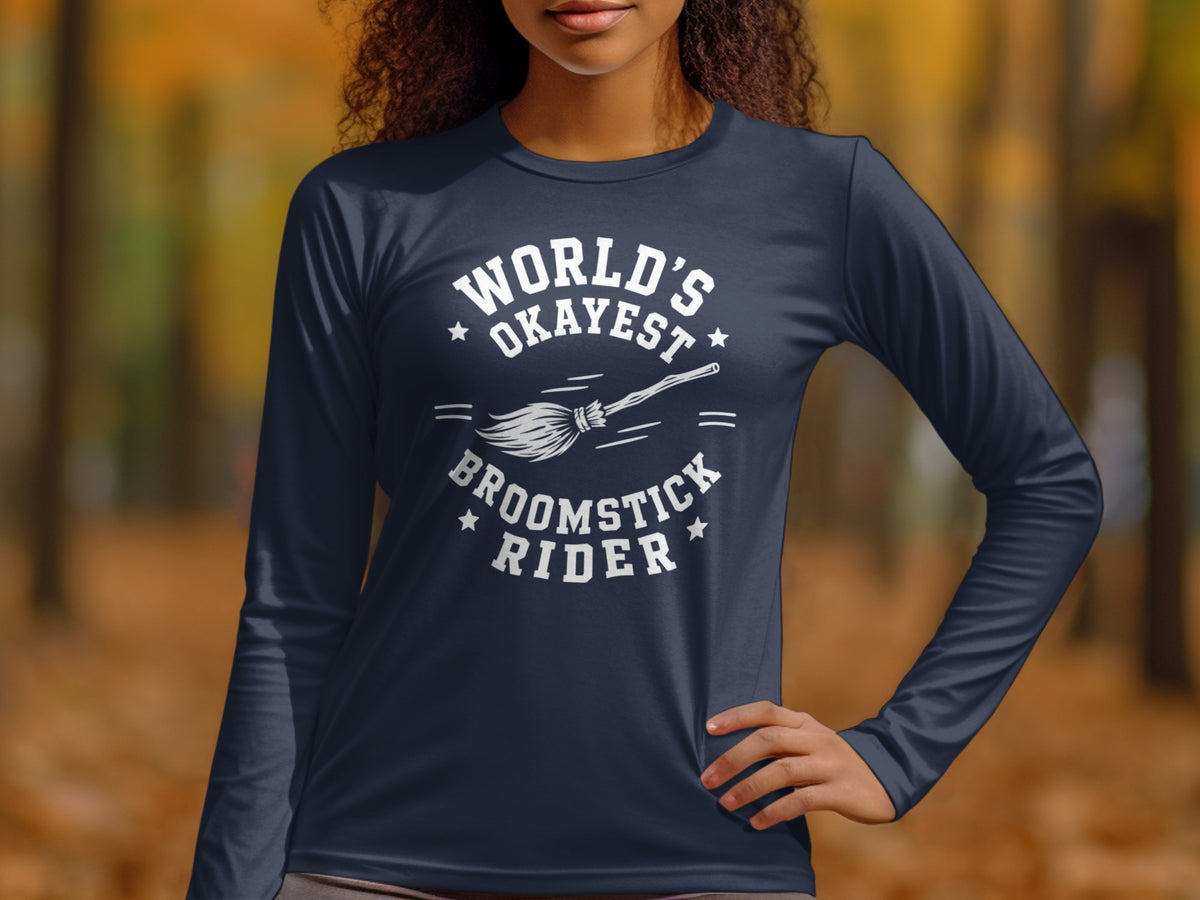 Dark blue long-sleeve shirt with white text and broom graphic.