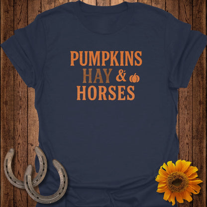 Navy t-shirt with text "PUMPKINS HAY & HORSES" and a pumpkin graphic.