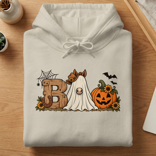 Cream hoodie with "Boo" graphic featuring a horse ghost, pumpkin, and horseshoe.