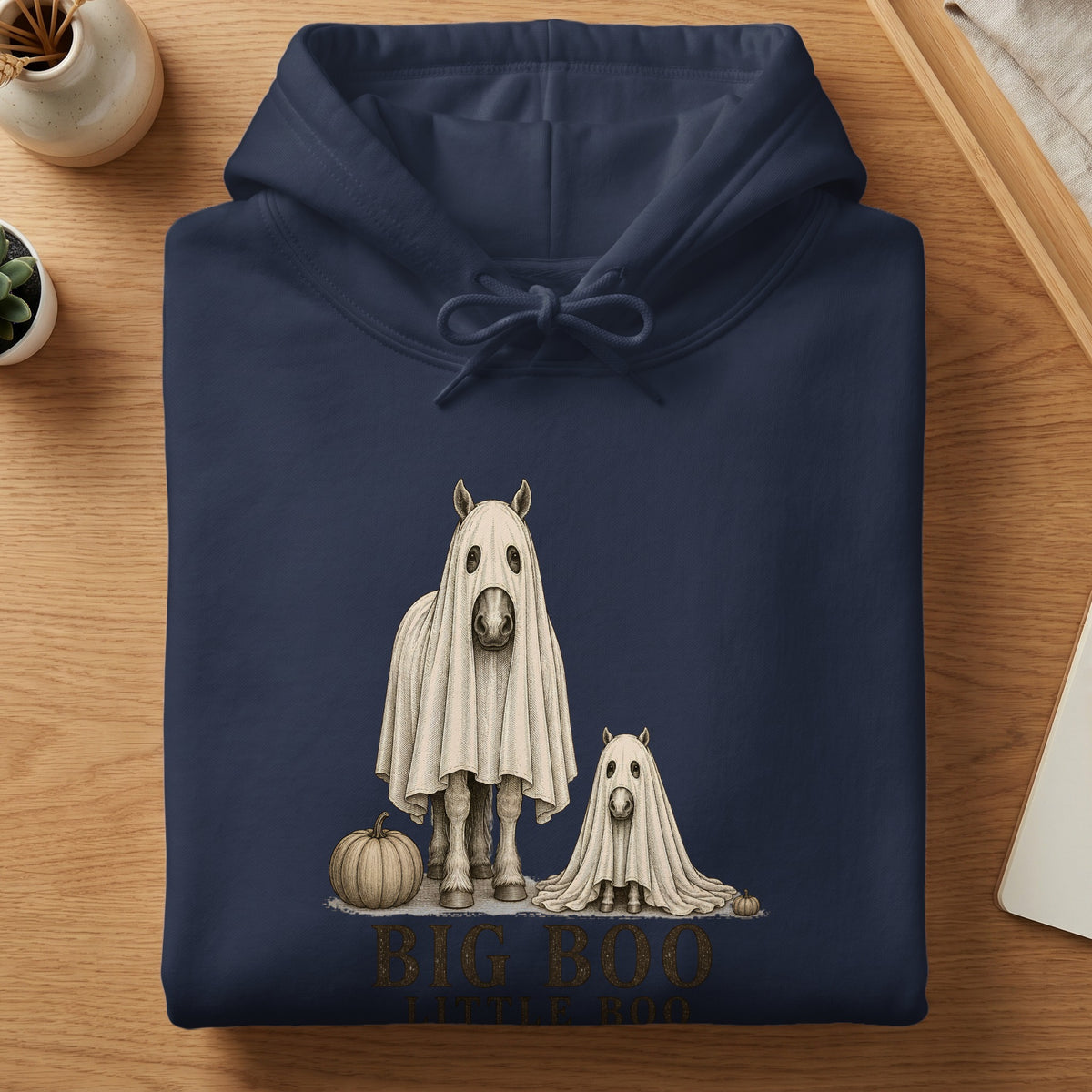 Navy hoodie with a graphic of two horses in ghost costumes and pumpkins.