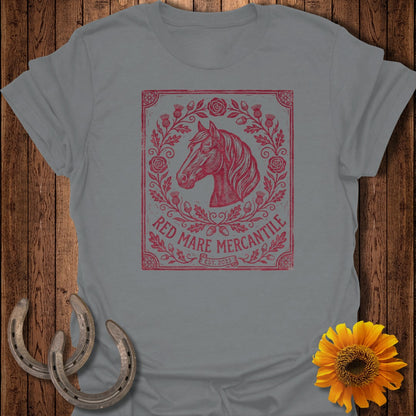 Grey t-shirt featuring a red distressed graphic of a horse head within a floral wreath.