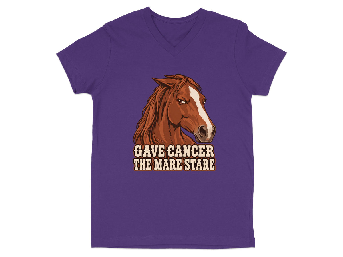 Purple t-shirt with horse graphic and text "GAVE CANCER THE MARE STARE".