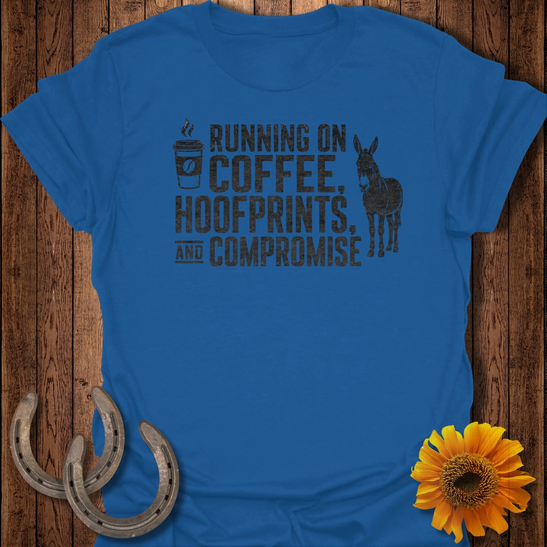Blue shirt with "Running on Coffee, Hoofprints, and Compromise" text and a donkey.