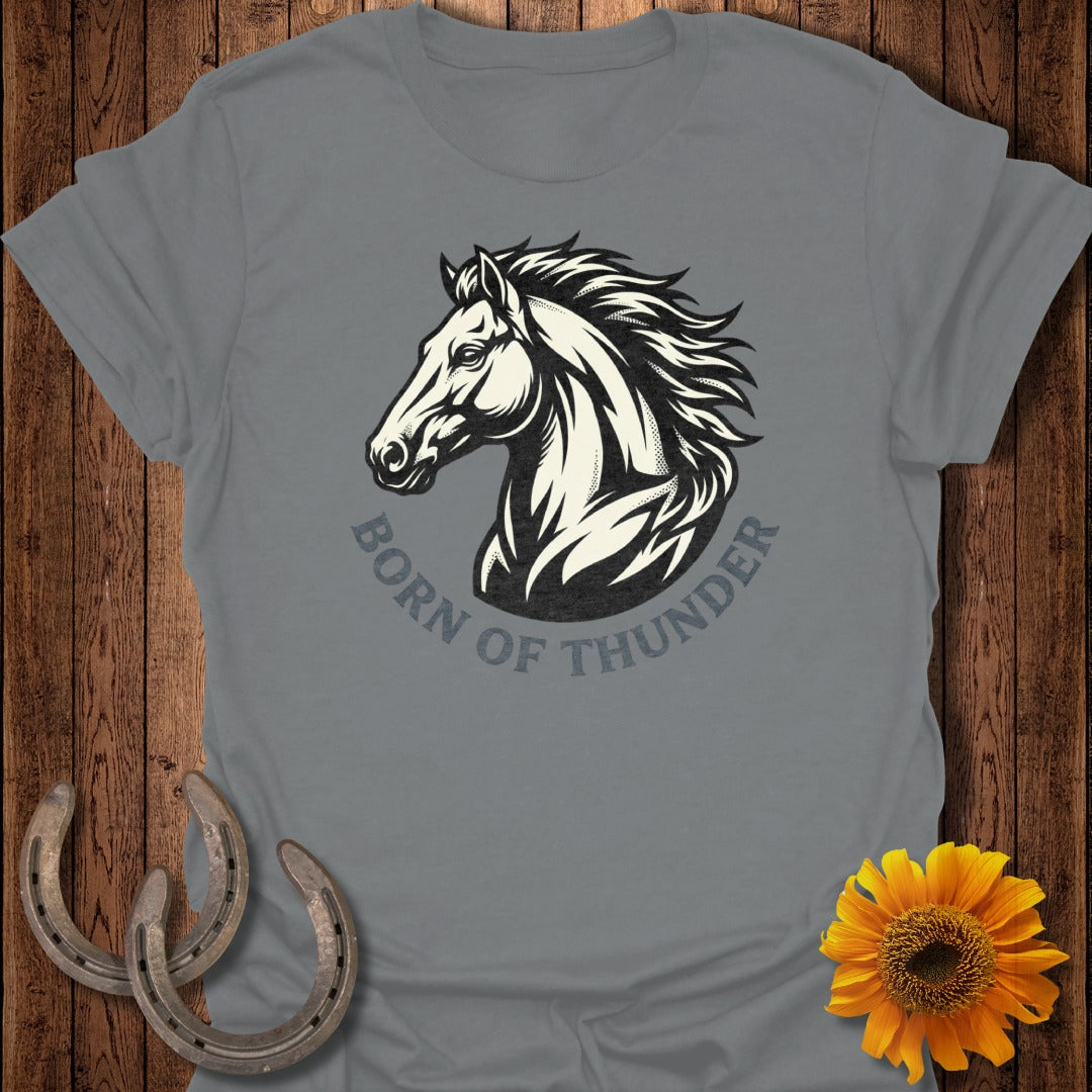 Grey t-shirt with a black and white horse head design and text "Born of Thunder".