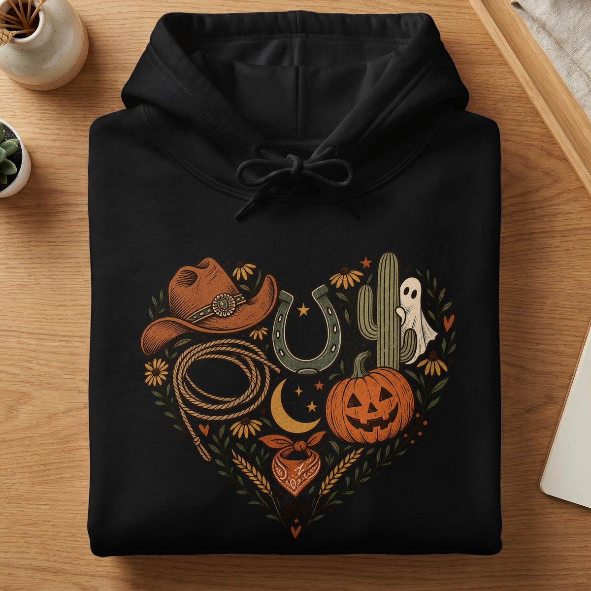 Black hoodie with heart design of cowboy hat, horseshoe, cactus, pumpkin, ghost, and bandana.