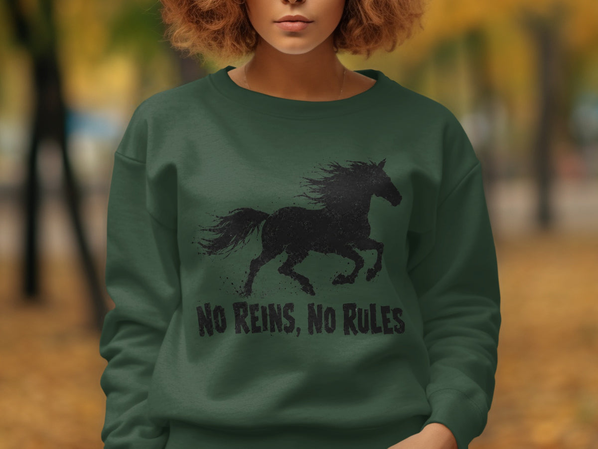 Green sweatshirt with black distressed horse graphic and "No Reins, No Rules" text.
