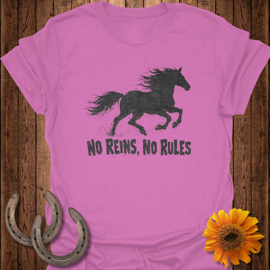 Pink t-shirt with a black horse silhouette and text "NO REINS, NO RULES".