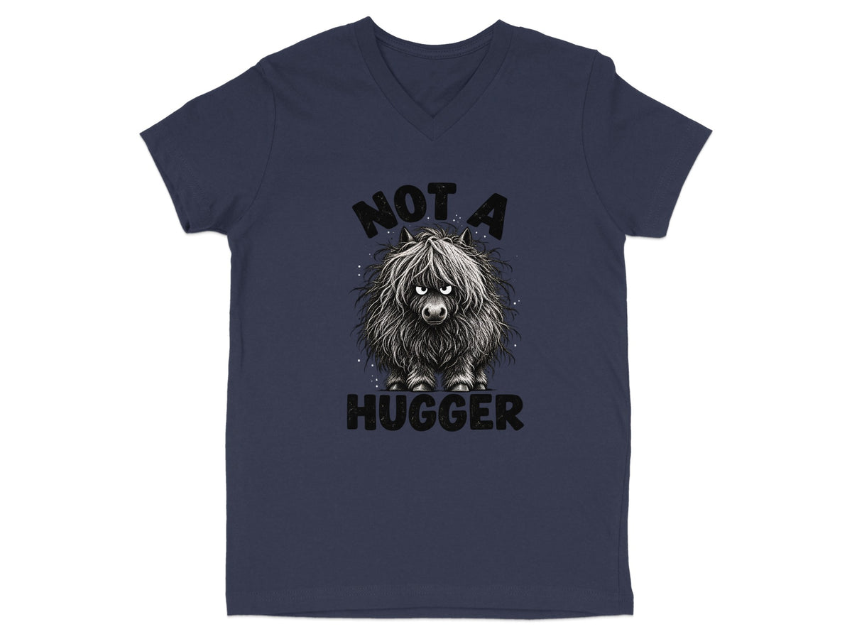 Navy v-neck t-shirt with illustration of a fluffy Highland cow and text "NOT A HUGGER".
