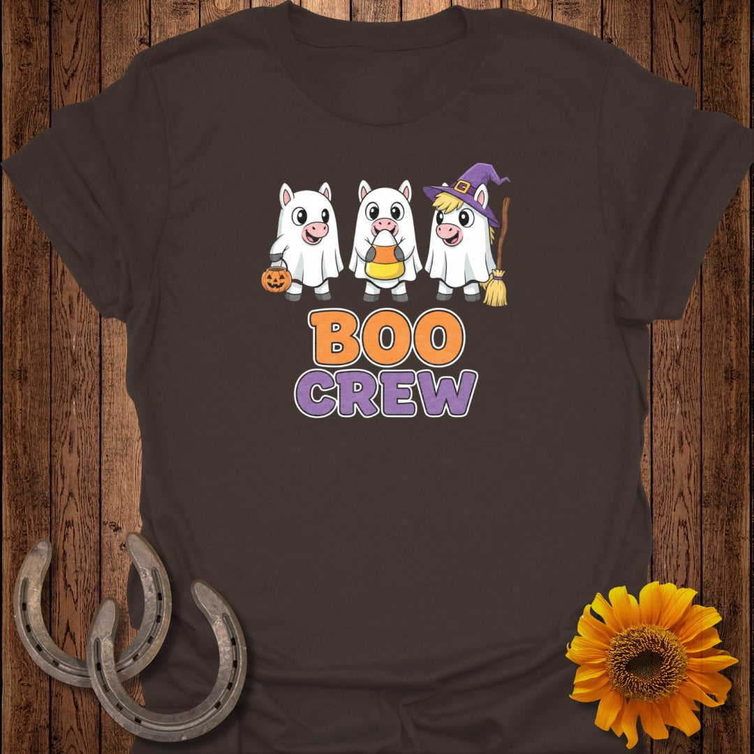Three unicorns in ghost costumes with "Boo Crew" text.
