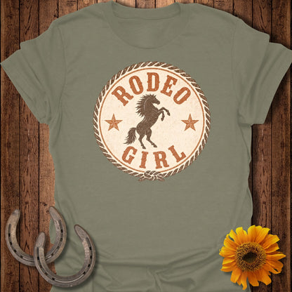 Green t-shirt with distressed "Rodeo Girl" graphic featuring a rearing horse.