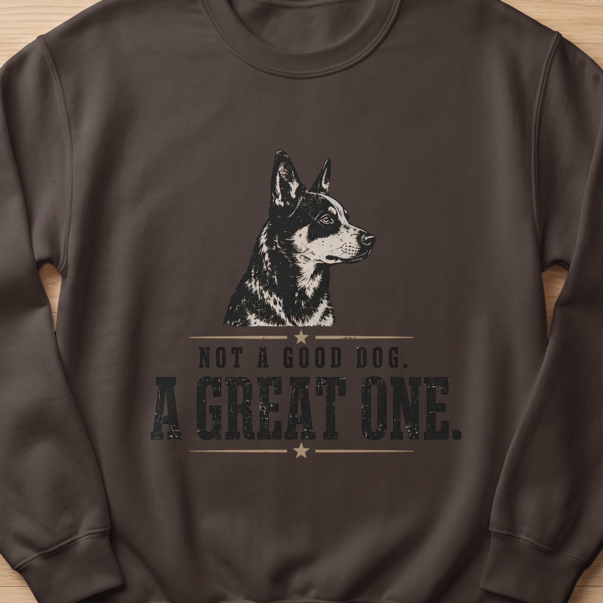 Brown sweatshirt with a vintage-style dog portrait and text.
