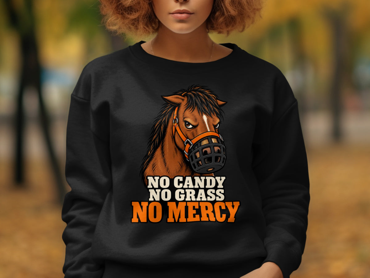 Black sweatshirt with illustration of a brown horse wearing a muzzle and text.