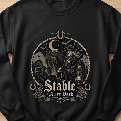Skeleton cowboy with horse and lantern under moon, text "Stable After Dark".