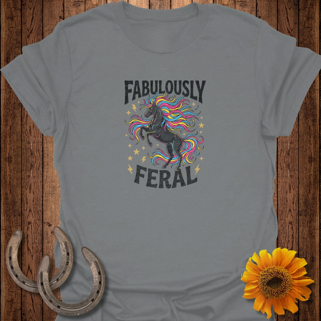 Grey t-shirt with black unicorn, stars, and "FABULOUSLY FERAL" text.