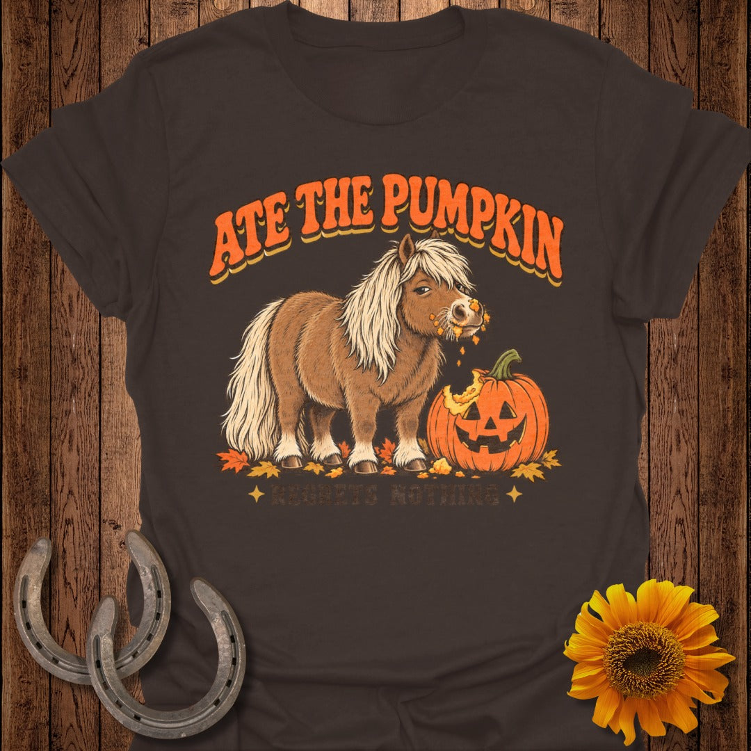 Pony eating a carved pumpkin with text "ATE THE PUMPKIN REGRETS NOTHING".