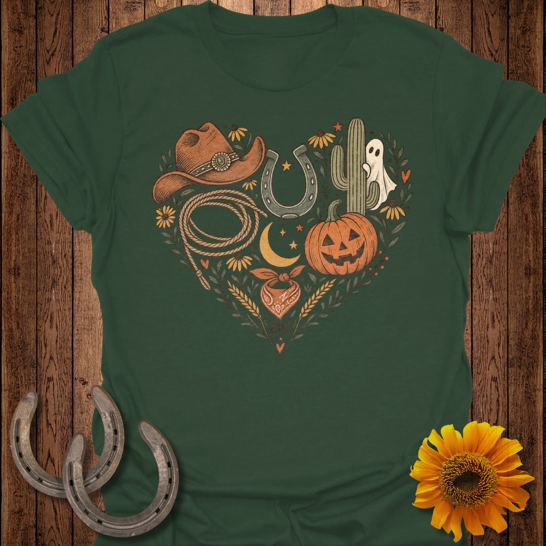 Dark green t-shirt with a heart-shaped Western and Halloween graphic.