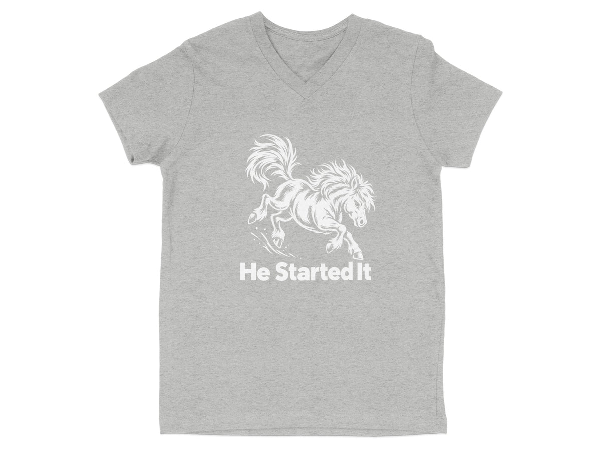 Heather gray V-neck t-shirt featuring a white graphic of a bucking horse with the text He Started It.