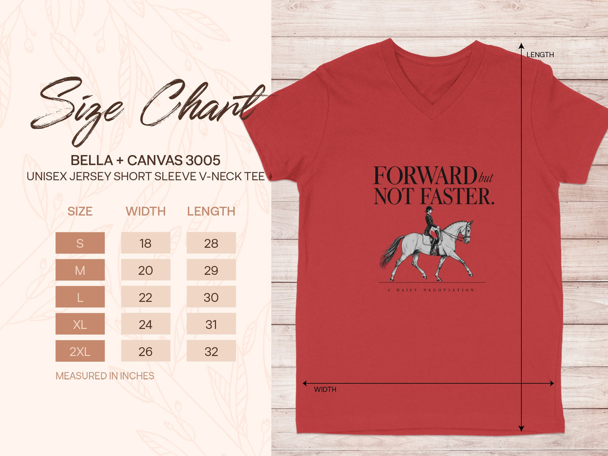 Red Bella + Canvas 3005 t-shirt size chart with text and horse graphic.
