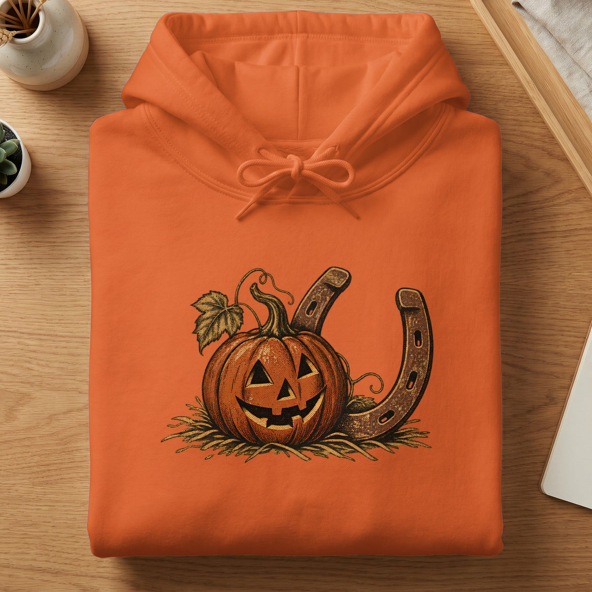Orange hoodie with a carved jack-o'-lantern and two horseshoes design.