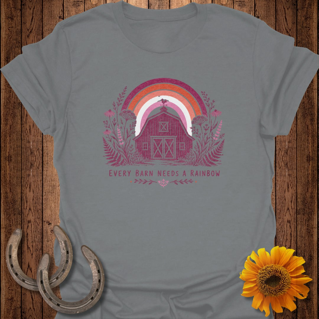 Gray t-shirt with barn, rainbow, and text "EVERY BARN NEEDS A RAINBOW".