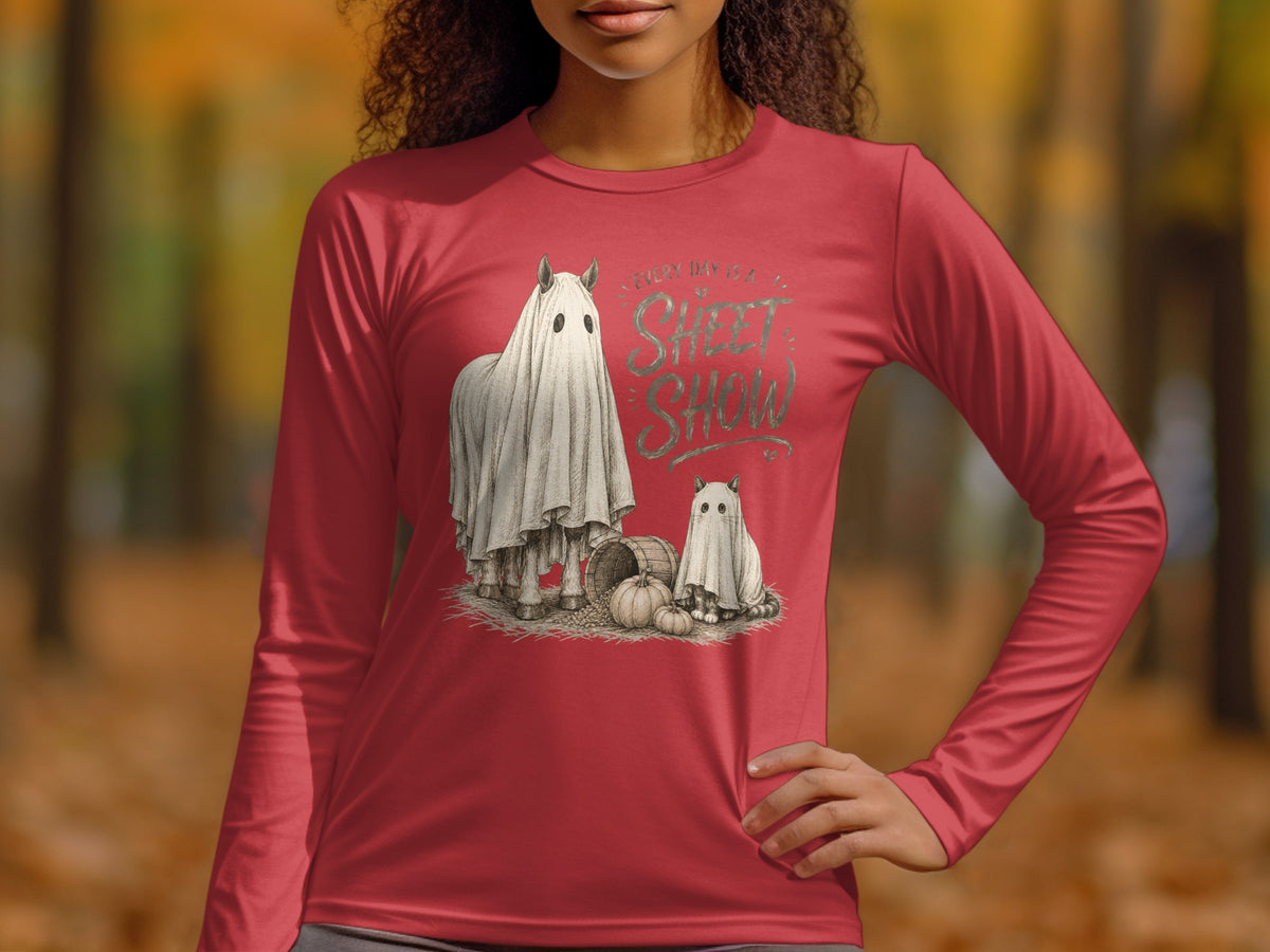 Horse and cat in ghost costumes with "Every Day is a Sheet Show" text.