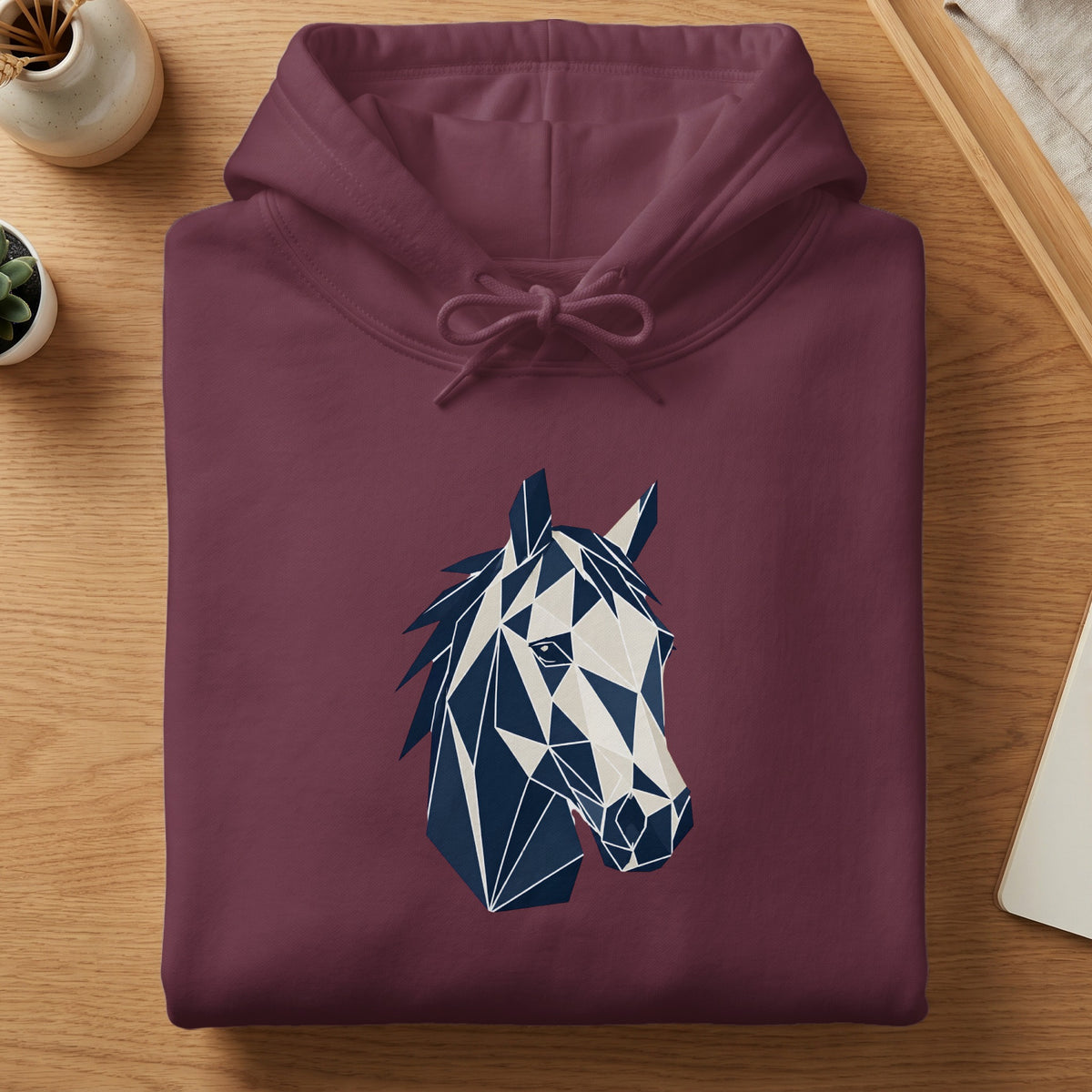 Maroon hoodie with a geometric navy and cream horse head graphic.